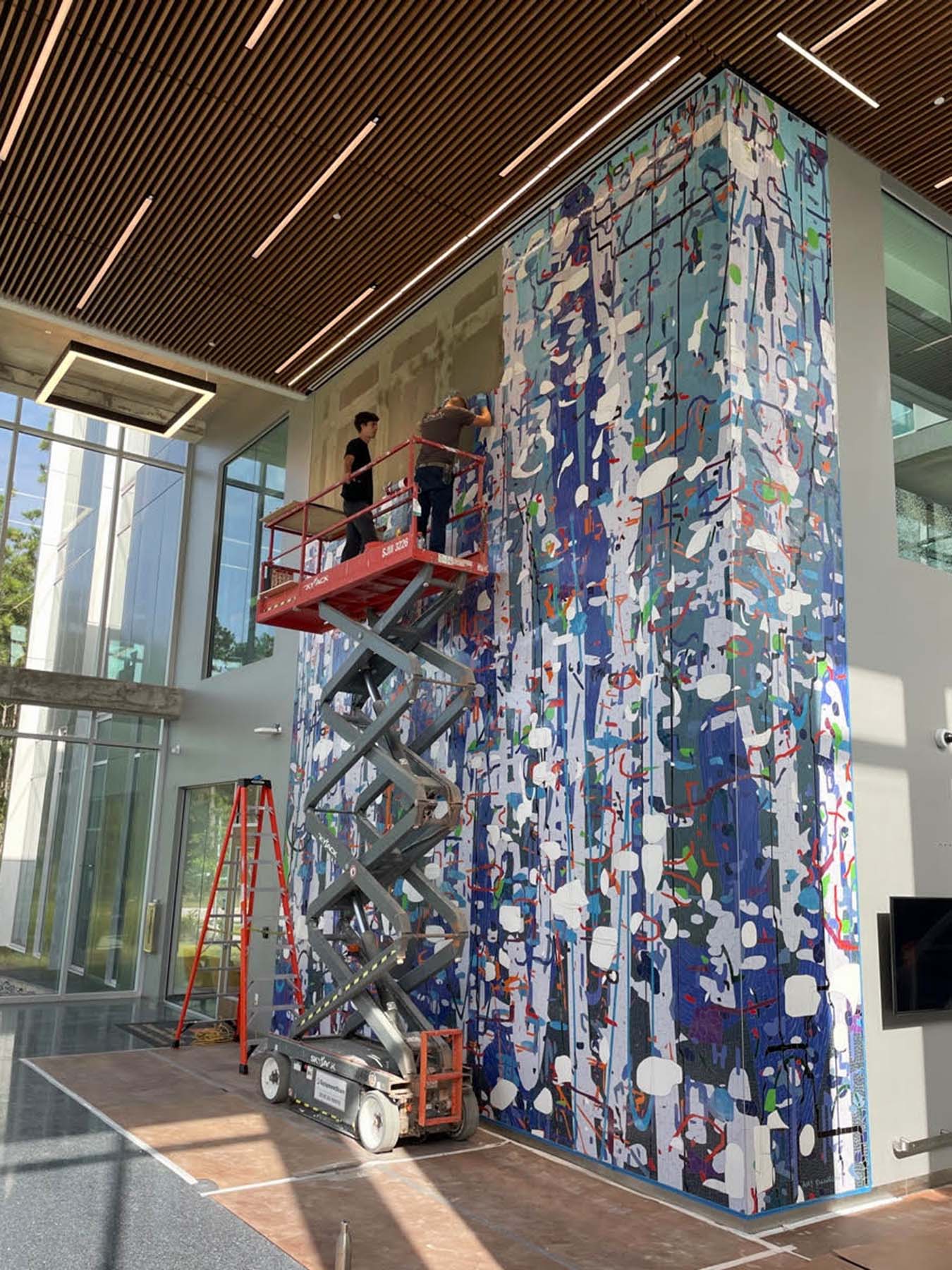Large Variation: Blue — installation in progress in the SHSU atrium