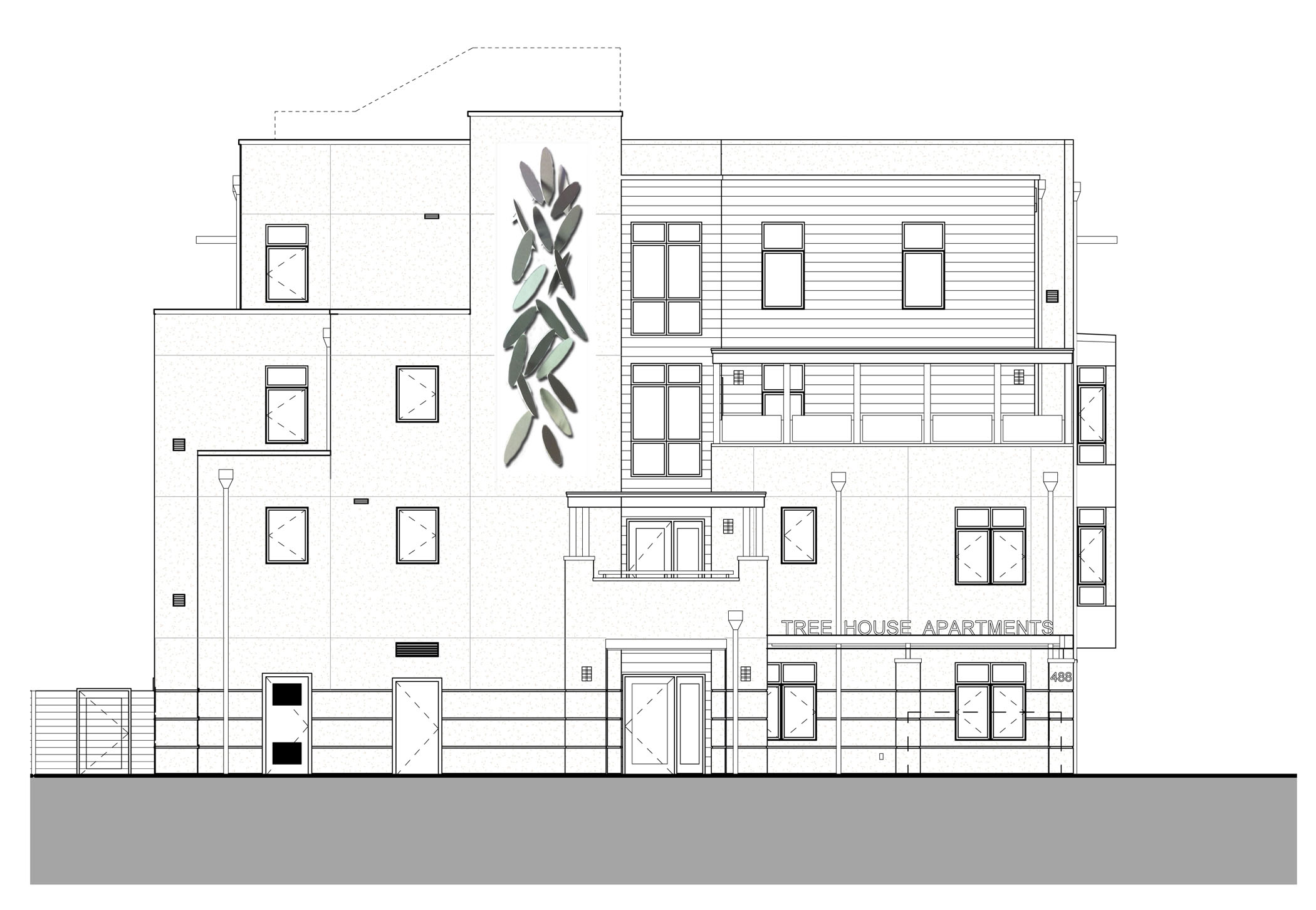 Kent Roberts, The Tree Leaf — schematic drawing of the sculpture's ellipse pattern and facade layout